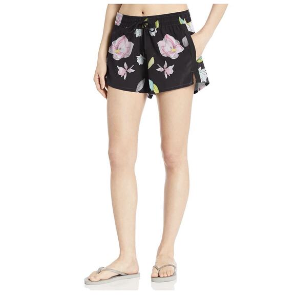 Kanu Surf 4” Stretch Elastic Board Shorts Women’s Size 10 Black And Floral New - Picture 1 of 7